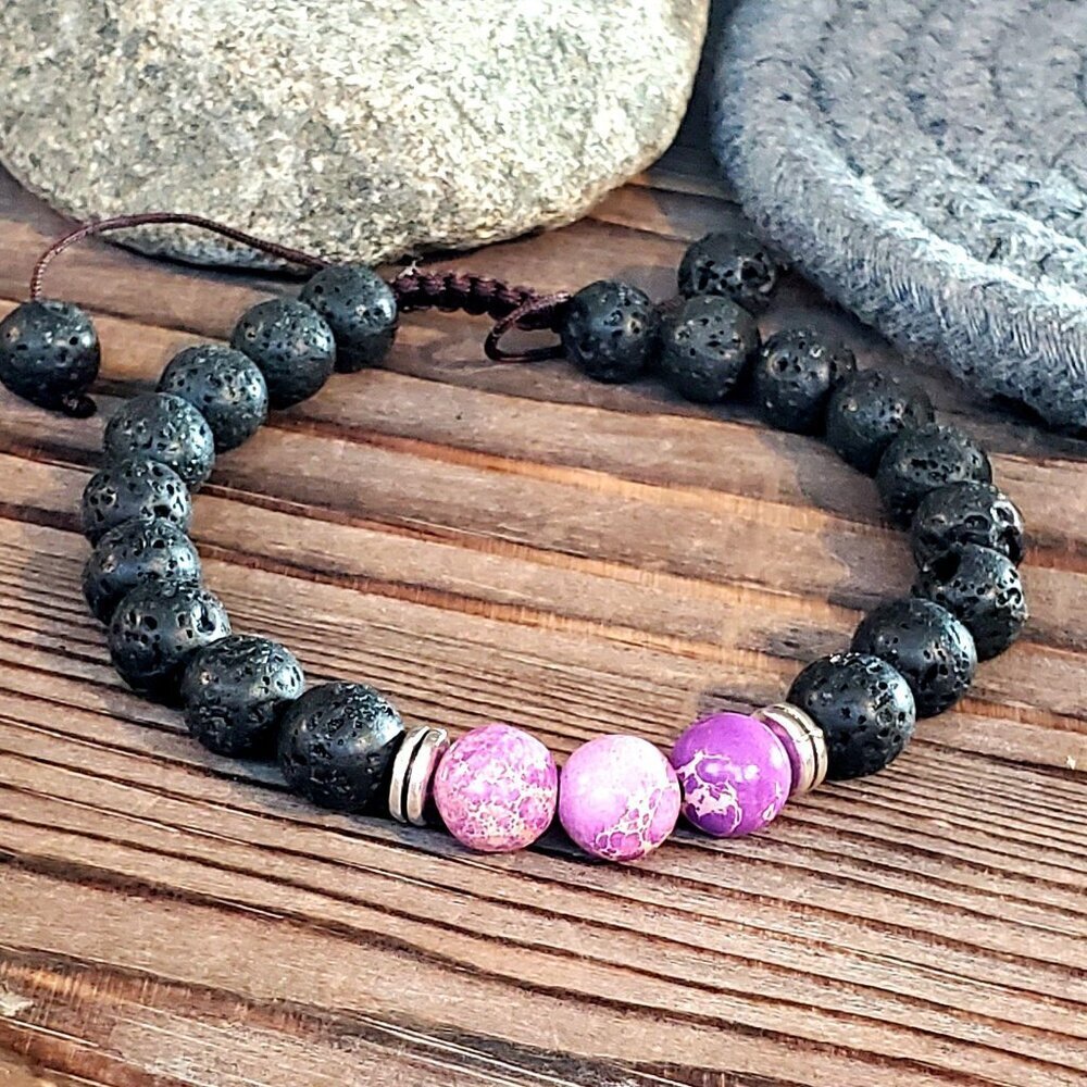 Chakra Bracelet Purple Aqua Terra Jasper Black Lava Stones - Picture 6 of 7